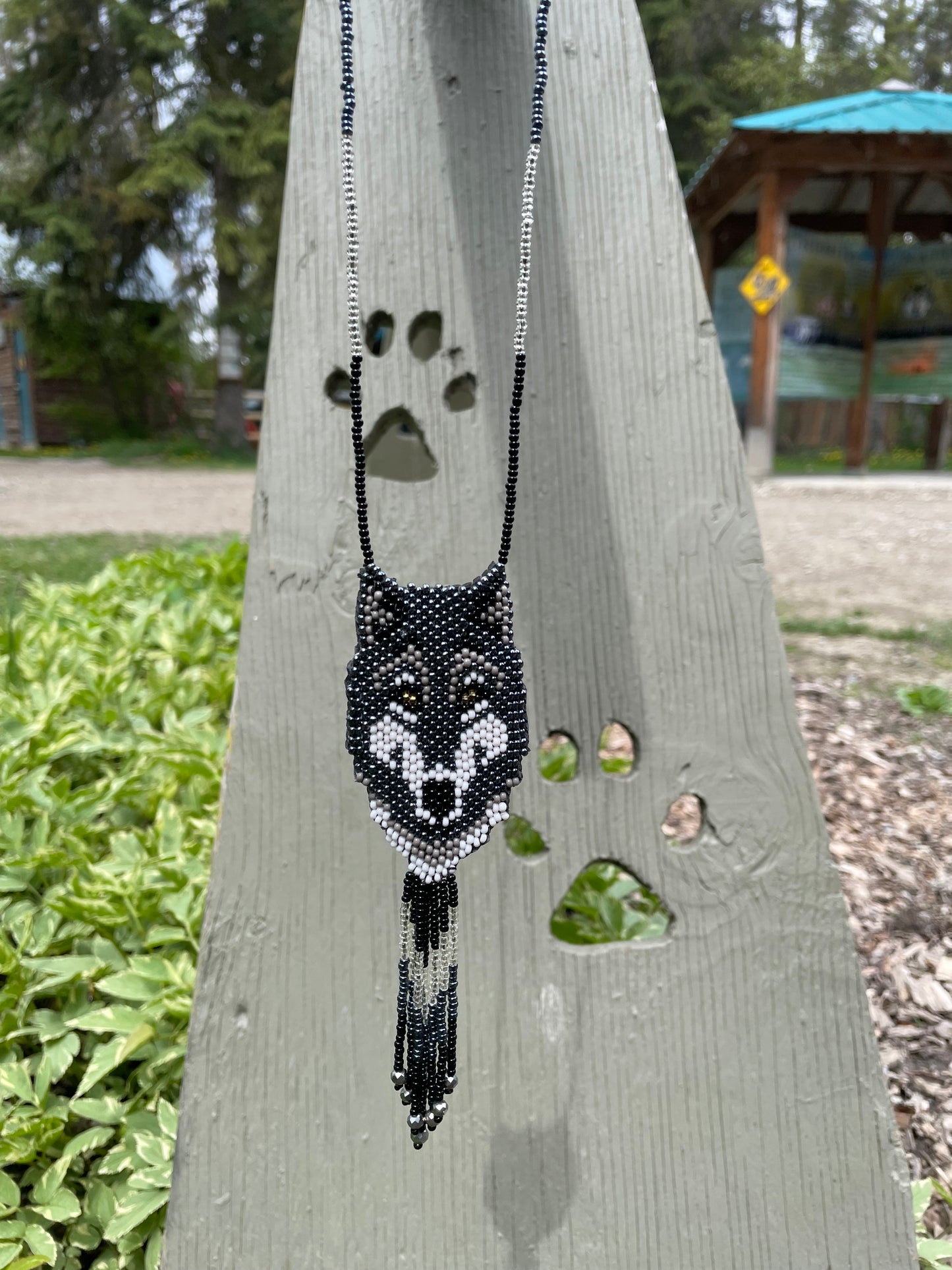 Hand Beaded Wolf Face Necklace