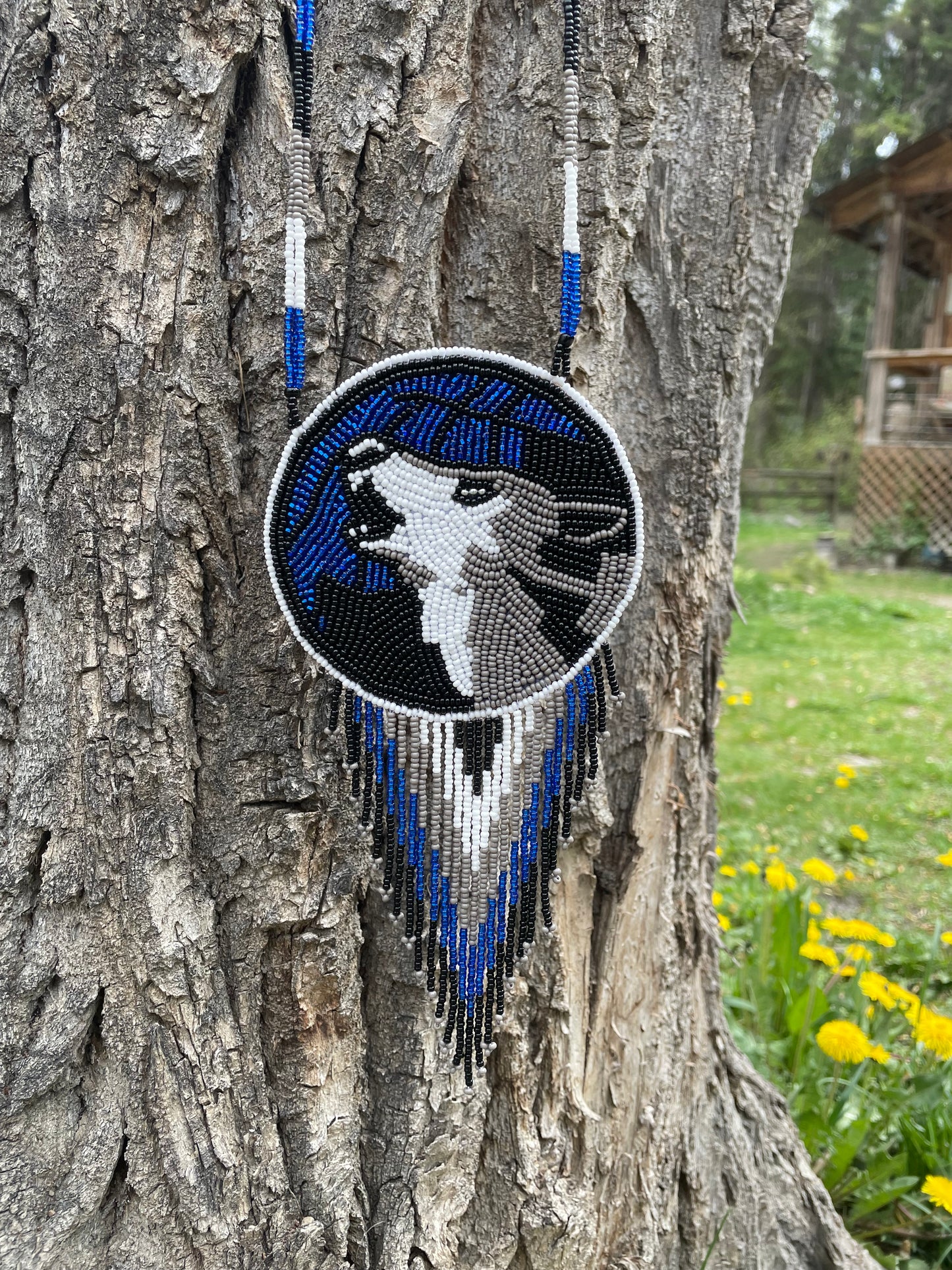 Hand Beaded Howling Wolf Medallion Necklace
