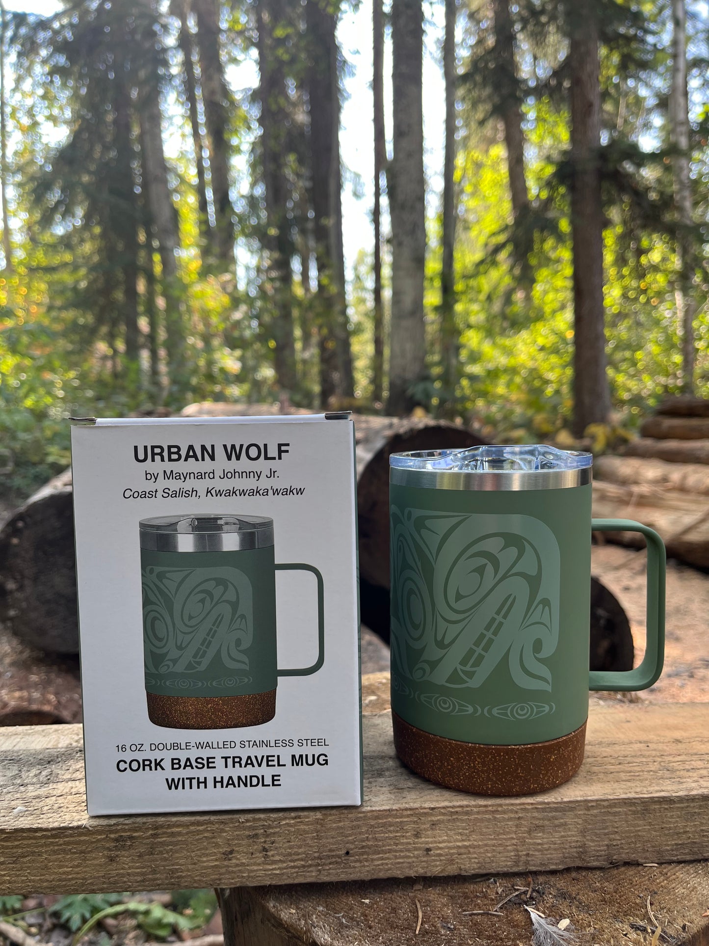 16oz Travel Mug w/ Handle - Indigenous Wolf Design