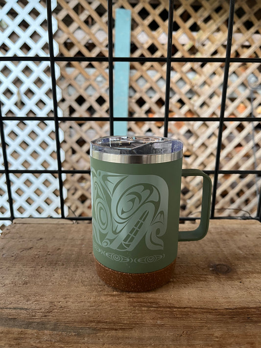 16oz Travel Mug w/ Handle - Indigenous Wolf Design