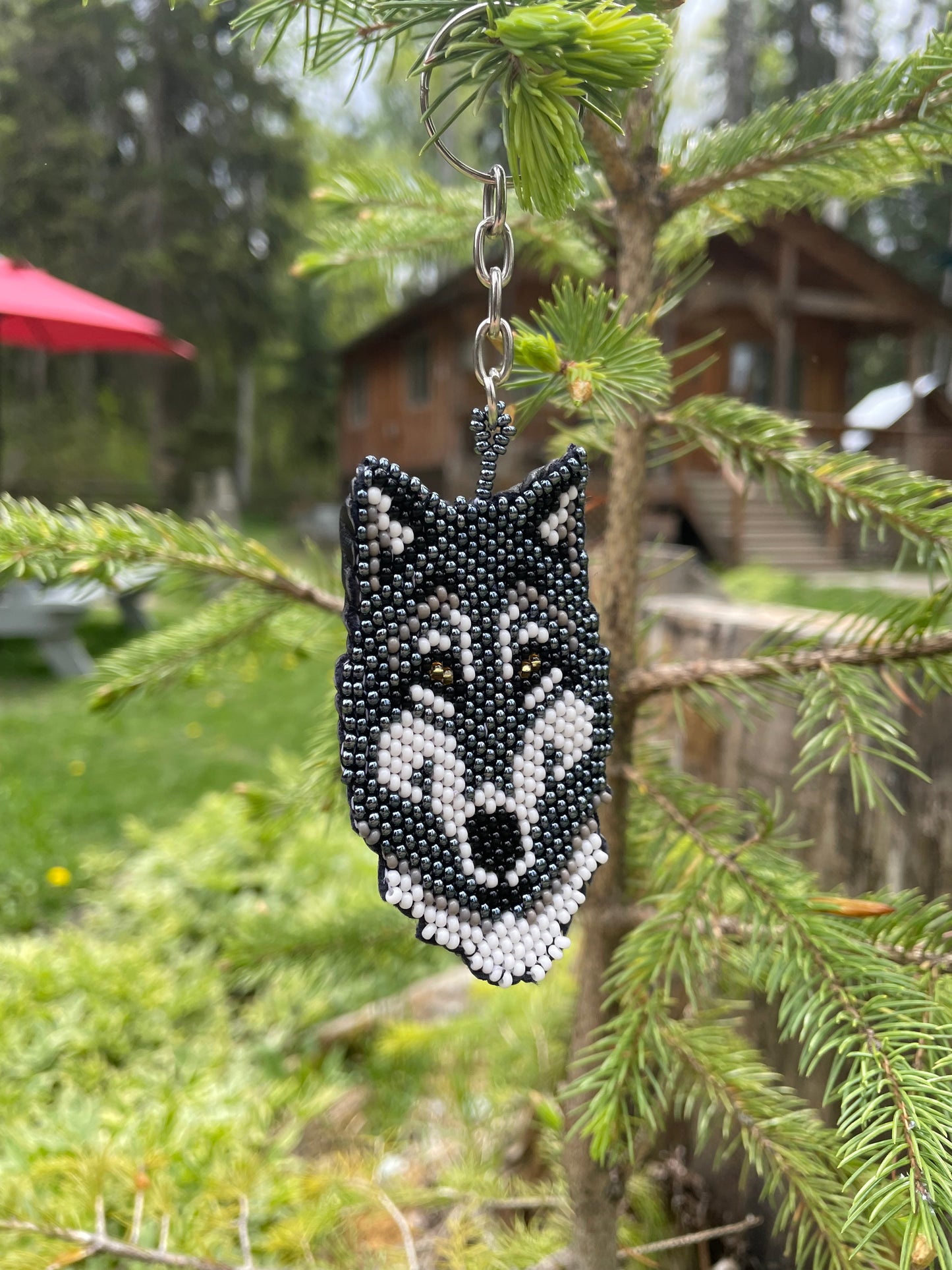 Hand Beaded Wolf Keychain