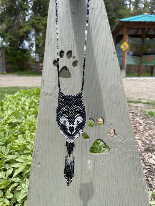 Hand Beaded Wolf Face Necklace