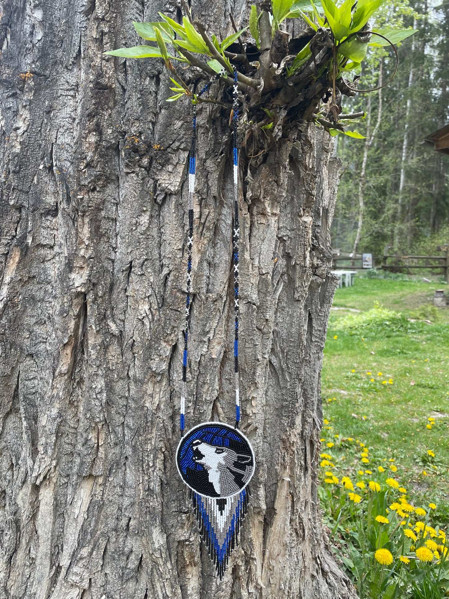 Hand Beaded Howling Wolf Medallion Necklace