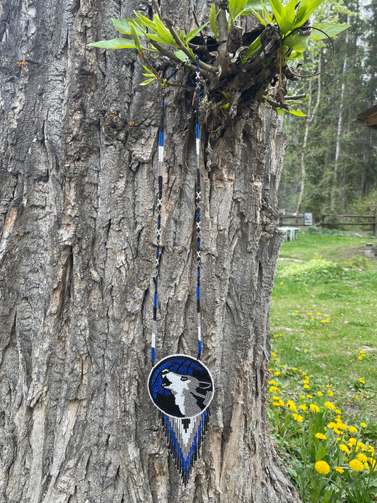 Hand Beaded Howling Wolf Medallion Necklace