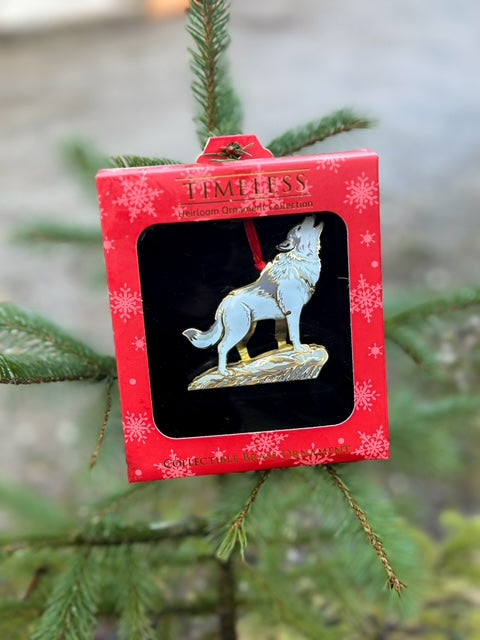 White & Silver Brass Wolf Ornament