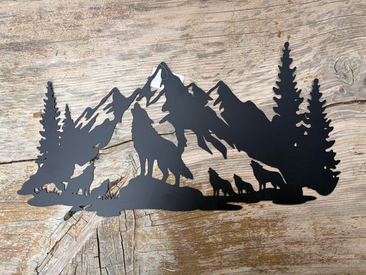 Mountain Landscape Metal Wolf Sign